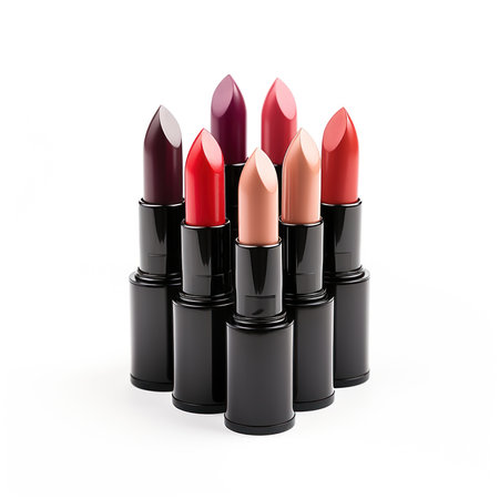 Red dark pink burgundy and beige color lipsticks collection in black packaging isolated on white background. Make-up and beauty conceptの素材