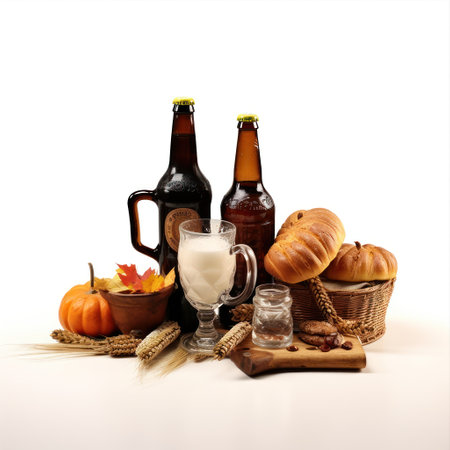Groceries including beer, bakery and pumpkins on isolated white background. German cuisineの素材