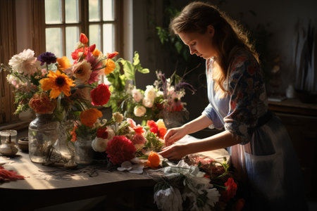 Florist at work. A flower shop worker. Roses, peonies, tulips, wildflowers, chrysanthemums and hydrangeas on the table. Handmade floral decoration. Small business conceptの素材