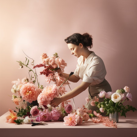 Florist at work. A flower shop worker creates a floral composition. Different flowers on the table. Self-employment and small business conceptの素材