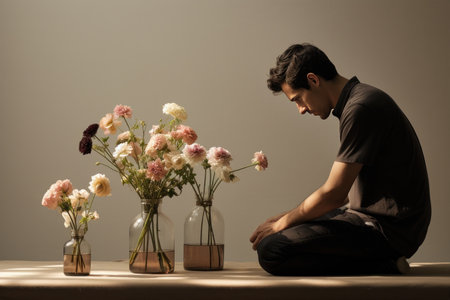 Male florist at work. A flower shop worker creates a bouquet. Roses, peonies, tulips, wildflowers, chrysanthemums and hydrangeas. Handmade floral decoration. Self-employment and small businessの素材