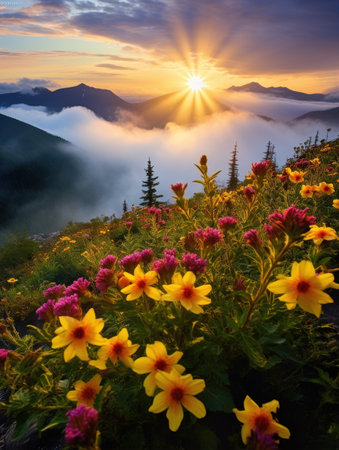 Blooming meadow among mountains landscape. High peaks fog and field of spring flowers at dawn. Beauty in natureの素材