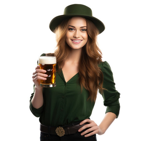 Smiling Irish girl in green clothes with a mug of beer isolated on white background. St. Patrick's Day concept.の素材