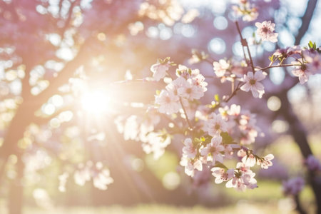 Beautiful blooming sakura tree branches. Spring nature. Delicate pink flowers macro. Bright sunny weather. Japanese cherry blossoms. Generative AIの素材