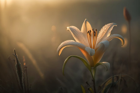 Beautiful lily flowers. Beauty of nature. Golden hour morning light and fog. Generative AIの素材