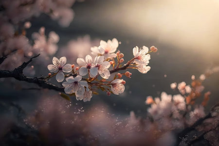 Blooming sakura tree branches. Delicate pink flowers macro. Soft morning light. Japanese cherry blossoms. Generative AIの素材