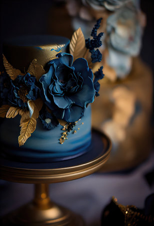 Large luxury wedding cake decorated with a beautiful floral decor of cream. Blue and gold designs. Generative Aiの素材
