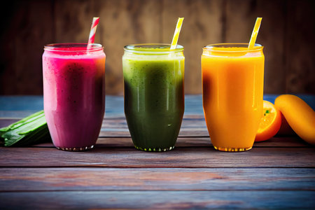 Green yellow and red smoothie garnished with fresh fruits in glasses.の写真素材