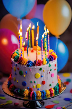 Birthday cake with candles. Air balloons and festive lights on the background. Generative Aiの素材