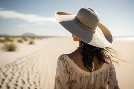 Woman in summer vacation wearing straw hat and beach dress enjoying the view at the ocean. Back view. Generative Aiの素材
