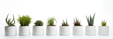 Green house plants in white ceramic pot. Variety of species. Potted aloe and succulents isolated on a white background. Interior detail conceptの素材