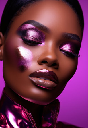 Portrait closeup of beautiful black woman. Beauty african face. Perfect shiny skin. Fashion model girl with metallic makeup. Glossy magenta make-upの素材