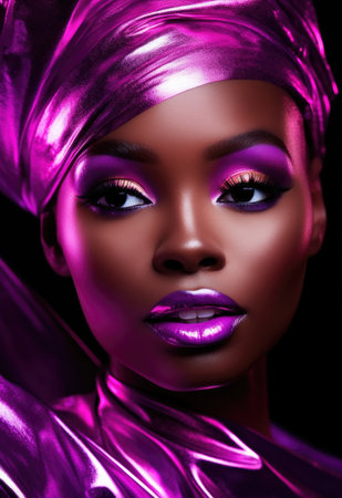 Portrait closeup of beautiful black woman. Fashion girl with stylish makeup. Glossy skin and metallic lips effect. Bright magenta color paletteの素材