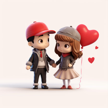 Icon of a boy and a girl standing next to each other and holding red heart shape balloon isolated on white background. Young couple in love. Valentine's day concept. Cute little cartoon childrenの素材