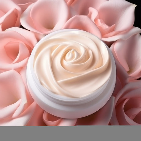 Moisturizing pink cream in a jar and rose isolated on white background. Cosmetic product with a creamy texture. Anti-aging cosmetics. Beauty and skin care conceptの素材