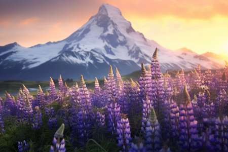 Blooming meadow and mountains. High peaks and field of lupine flowers at dawn. Colorful dreamlike landscape.の素材