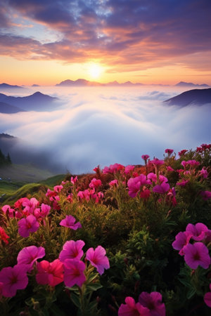 Blooming meadow and mountains at the background. High peaks fog and field of spring flowers at dawn. Colorful dreamlike landscape