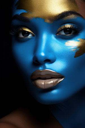 Portrait closeup of beautiful black woman. Beauty african girl with paint on her face. Perfect shiny skin. Fashion model girl posing. Professional metallic Glossy blue and gold make-upの素材