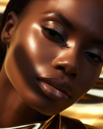 Portrait closeup of beautiful black woman. Beauty african face. Fashion model girl posing. Professional metallic makeup. Glossy dark beige make-up. Wet skin effectの素材