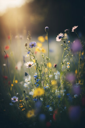 Beautiful wildflowers. Morning fog. Meadow of blooming flowers. Beauty in nature. Generative AIの素材