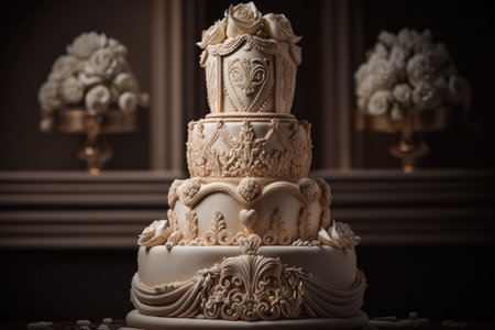 Large luxury wedding cake decorated with a beautiful decor of cream. Four tiered cake. White monochrome designs. Generative Aiの素材