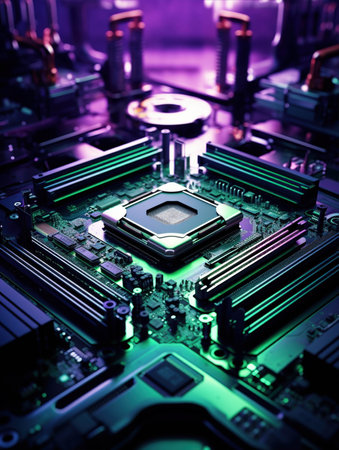 Inner and outer circuit board background. Microchip with purple and green light. High tech CPUの素材