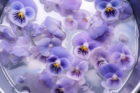 Pansy float on water. Flowers close up. Moisturizing and fragrance.の素材
