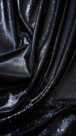 Black glitter bokeh of satin fabric for background. Dark textile close up rippled elegant, creased silk scarf. Metallic fashion color texture. Luxury shiny material wallpaperの素材