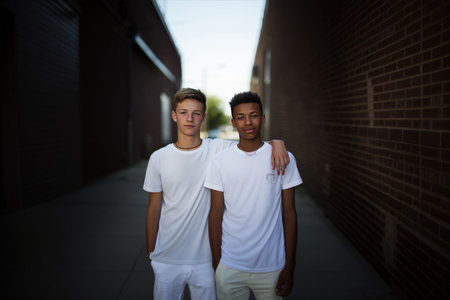 Two teenagers wearing plain white t-shirts posing against a city street.の素材