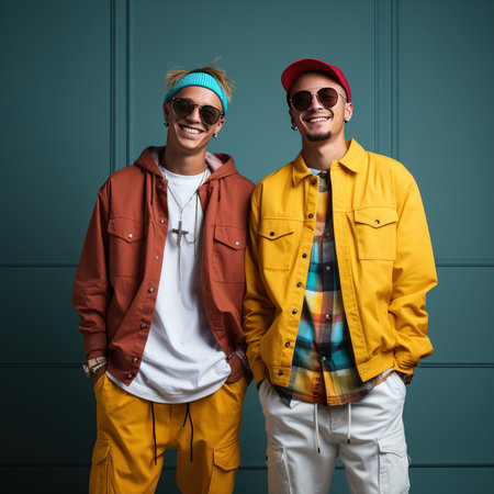 Two men wearing jackets and hats are standing next to each other in front of a blue wall.の素材