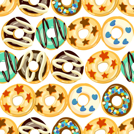Seamless donut pattern on white background with various toppingsのイラスト素材