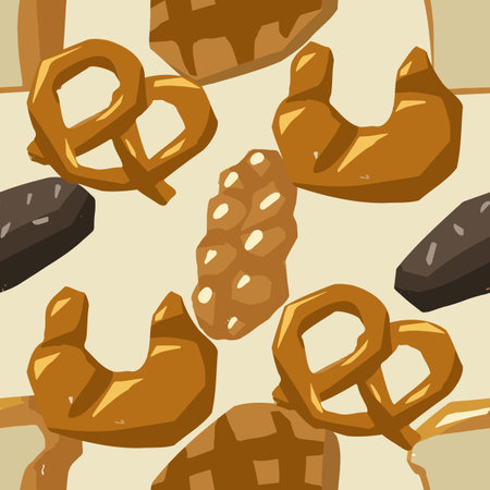 Seamless pattern of various bread types. Waffles, loaf, baguette, bun, pretzel, croissant and other baked goodsのイラスト素材
