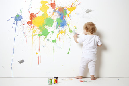 A happy baby in white clothing is sitting in a white studio covered in yellow blue and green paint, draws with his hands and brushes and smiling. Concept of creativity and early development of childrenの素材