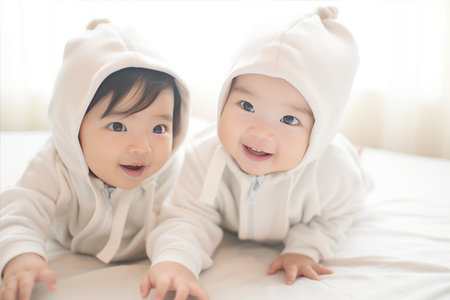 A cute children are sharing a happy moment in their room. They both have smiles on their faces, feeling comforted at home.の素材