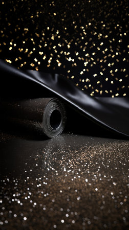Black glitter bokeh of satin fabric for background. Dark textile close up rippled elegant, creased silk scarf. Metallic fashion color texture. Luxury materialの素材