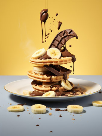 A heavenly stack of waffles topped with bananas and chocolate sauce on a plateの写真素材