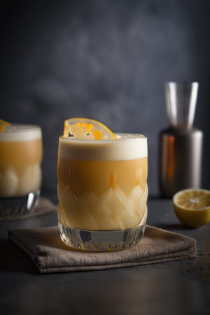 Elegant mocktail with creamy foam garnished with lemon wedge, set against a dark backdrop. Craft...