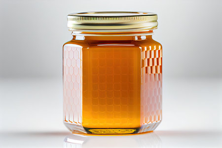 A glass jar filled with golden honey, great for cooking or sweeteningの写真素材