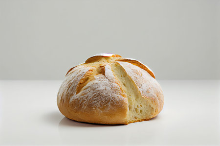 Picture of a freshly baked rustic artisan bread loaf with golden crust, isolated white background