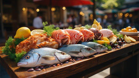 A Freshly Displayed Array of Seafood and fish on a Bustling Urban Street Setting, capturing the essence of local markets.の写真素材