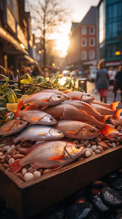 A Freshly Displayed Array of Seafood and fish on a Bustling Urban Street Setting, capturing the essence of local markets.の写真素材