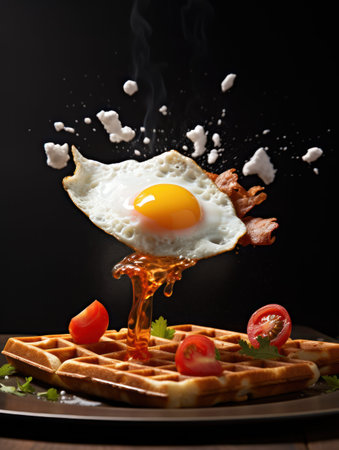 An egg falls onto a waffle, creating a delicious dish on the plateの写真素材