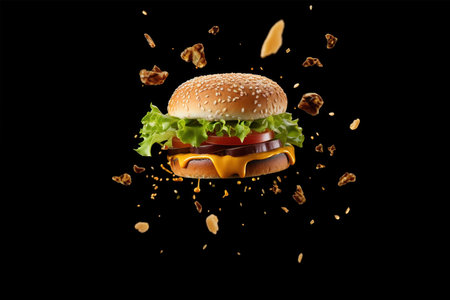 Cooking a burger. A hamburger with tomatoes , lettuce , onions and sauce on a black backgroundの写真素材