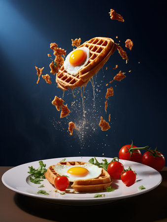 A comforting dish of waffles stacked with eggs and syrup on a plateの写真素材
