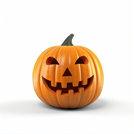 A Smiling Pumpkin Featuring a Detailed Carved Face isolated on white background. A cheerful jack lantern for Halloween decorations and seasonal celebrationsの写真素材