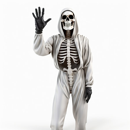 Skeleton in a White Hoodie Costume is a Fantastic Greeting Halloween Decoration Designの写真素材