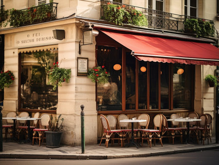Red awning and outdoor seating at the restaurant with tables and chairs outsideの写真素材