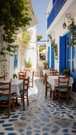 Row of tables and chairs with blue windows in restaurantの写真素材