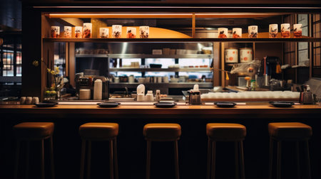 Wooden bar with stools in the restaurants buildingの写真素材