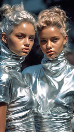 The models showcases a stunning metallic outfits on the runway, embodying the latest futuristic fashion trends. A Stunning Woman Collection in trendy grey shiny shadesの素材